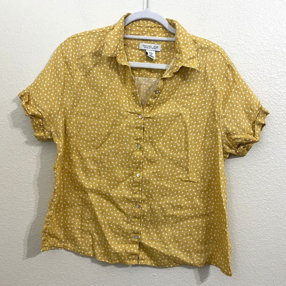 Rachel Zoe Womens Blouse Top Size Medium Mustard Linen Polkadots Button Front k5